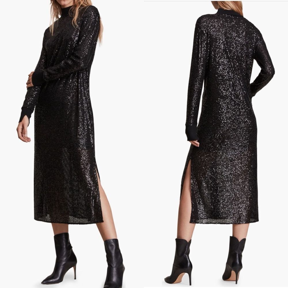 All Saints Sequin Juela Midi Dress, Black, Cocktail‎ Holiday Party, XS (0) NWT